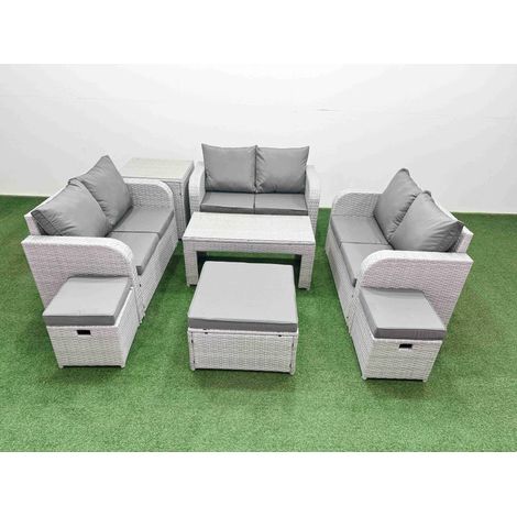 Fimous 9 Seater PE Wicker Rattan Furniture Sofa Sets with Oblong Coffee Table 2 Seater Love Sofa 3 Stool Side Table Light Grey (1/4)