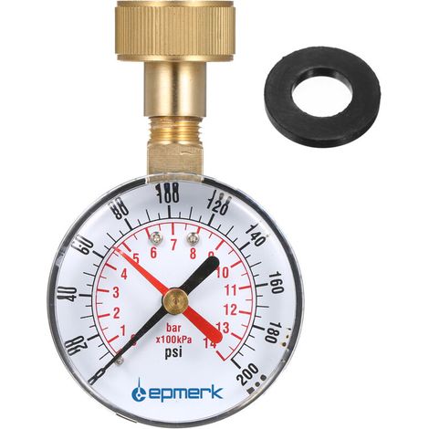 Manómetro de presión para pruebas de agua de 2½" con conexión hembra de 3/4", escala de 0 a 200 PSI e indicador rojo incorporado.