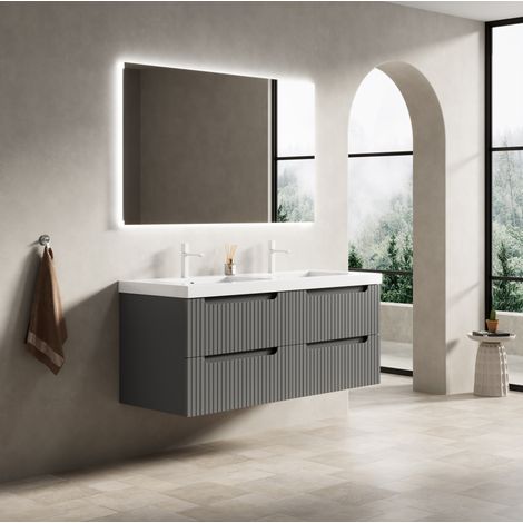 Mueble de baño suspendido 120 cm con doble lavabo integrado de resina y 4 cajones gris oscuro (1/5)