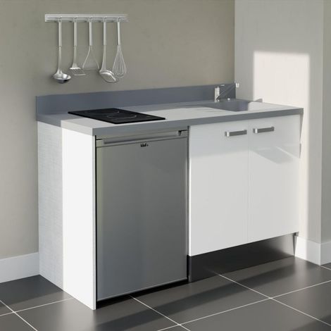 Kitchenette K17L - 140 cm - plan monobloc évier intégré Cromo- évier à droite - Façades Blanc + Electroménager inclus coloris Inox