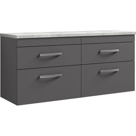 Millwich Contemporary 4 Drawer Wall Hung Vanity Unit with Laminate Black Galaxy Granite Worktop, Gloss Grey, 1200mm