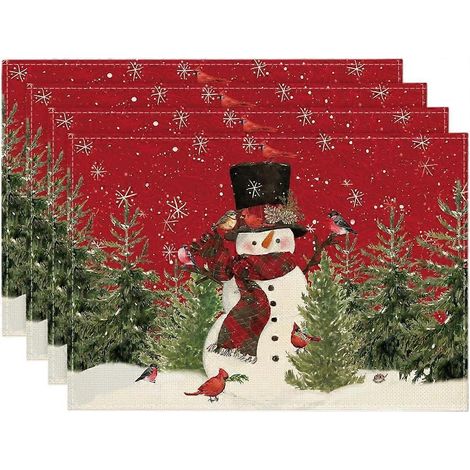 Ensemble de 4 sets de table de Noël, motif bonhomme de neige et sapin, lavables, 30 x 45 cm, pour la décoration de la cuisine et des fêtes de fin d'année. (1/5)