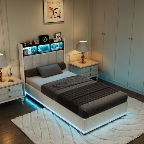 Polsterbett 90 x 200 cm mit Bettkasten, LED und USB-/Type-C-Anschlüssen – Einzelbett mit Stauraum und funktionalem Kopfteil – Leinenstoff – Beige
