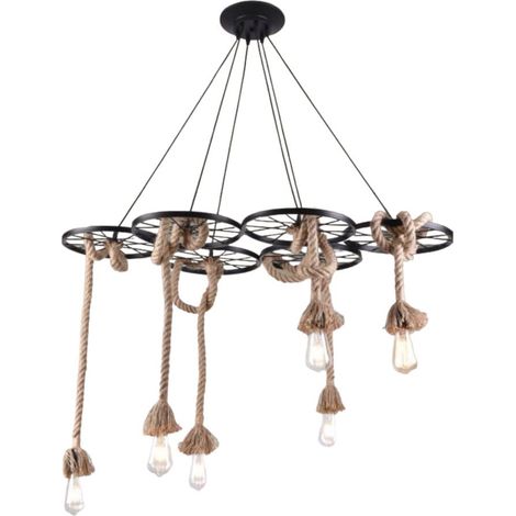 Lampadario a sospensione con corde in canapa vintage 6 portalampada lampada rustica retrò country E27 (1/5)