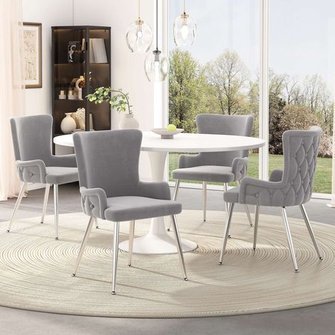 Lot de 4 chaises de salle à manger en velours gris, 4 pieds en métal argenté, style moderne, charge 150 kg par chaise (1/5)