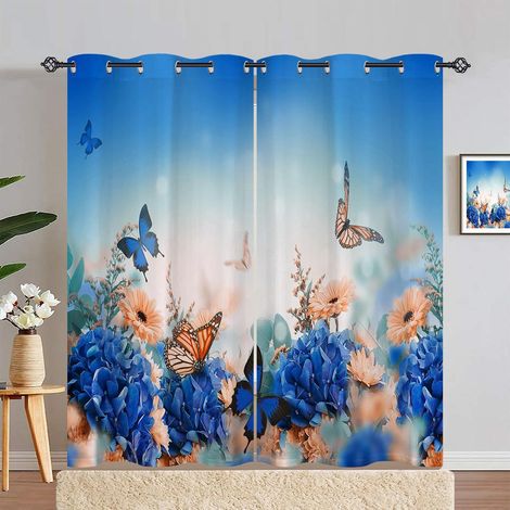 Rideau Occultant Jaune Bleu Fleur Papillon Tenture Opaque à Oeillets Draperies Intérieurs Rideau Thermique Isolant pour Maison Chambre Salon Fenetre 2 Pièces L 140 x H 280 cm - 140L X 280H cm (2 Panne (1/5)