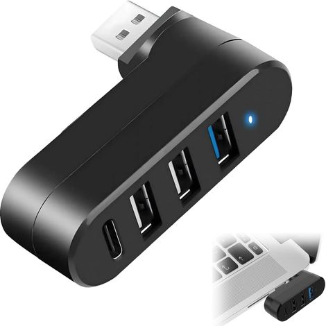 Multiport USB 4 Ports avec 1 Port USB 3.0, 2 2.0 et 1 Type-C, Hub Compact Pivotant à 180° pour Multiple pour PC, Transfert Rapide, Multi pour Ordinateur, Bureau, Déplace