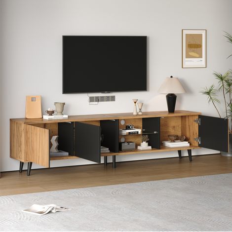 Mobile TV in truciolare naturale e nero 175x31,5x45 cm con 3 ante e ripiano centrale in vetro temperato, per TV fino a 75" (1/5)