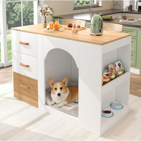 Isla de cocina con 3 cajones, espacio para mascotas, blanco efecto madera, 120 x 60 x 90 cm (1/5)