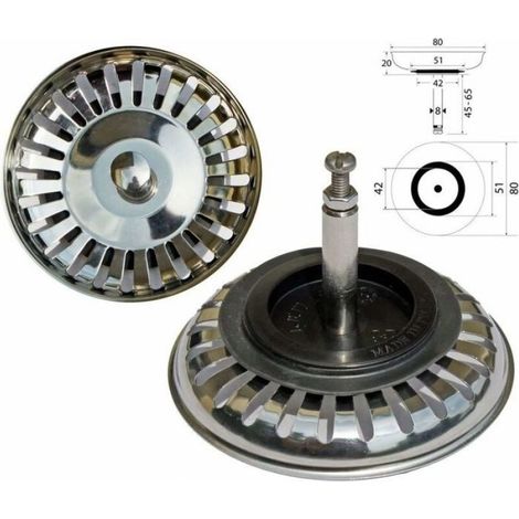 Bonde panier universelle inox Ø80 mm pour évier à commande excentrée - joint Ø51 mm (1/2)