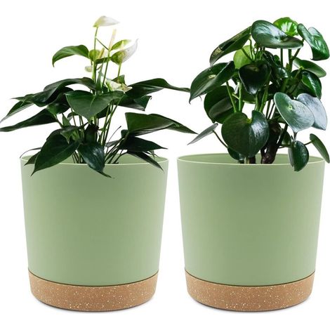 Set of 2 Plant Pots 16cm, Indoor Plant Pots with Drainage Holes and Removable Base, Modern Decorative Saucer for Outdoor Planters (Green 16cm)