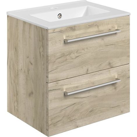 Signature Aalborg Wall Hung 2-Drawer Vanity Unit with Basin 510mm Wide - Oak (1/3)