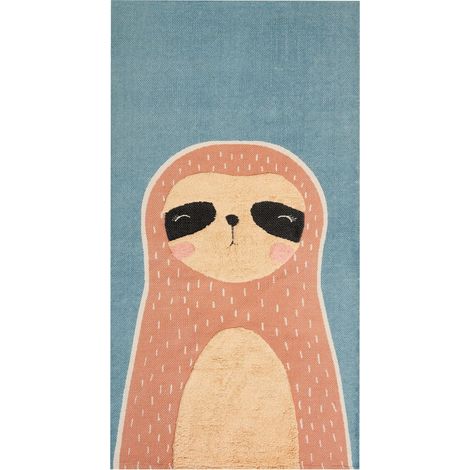 Tappeto per la cameretta dei bambini Stampa bradipo a tre dita 80 x 150 cm Blu e arancione Sala giochi Isak