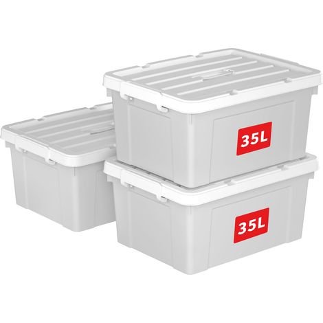 35L3 Boîte de Rangement, Bac de rangement avec Poignée, Plastique Organisateur avec Couvercle, Empilable, Transportable, pour Vêtements, Bureau, Chambre, Dortoirs, Gris, 35L - Lot de 3 (1/4)