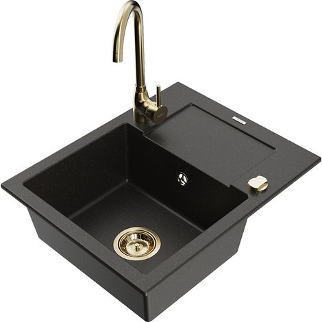 Mexen Enzo lavello in granito a 1 vasca con scolapiatti e rubinetto da cucina Telma, nero/oro - 6506-75-670200-50 (1/5)