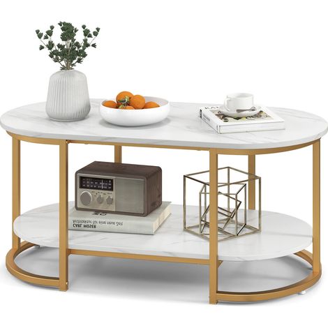 White Marble Coffee Table Bedroom Modern 2-Tier Center Table w/Storage Shelf (1/5)