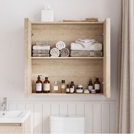 Armadietto da bagno sospeso 60x21,6x58 cm con 2 ante, salvaspazio, MDF e pannelli particellari effetto rovere (1/5)