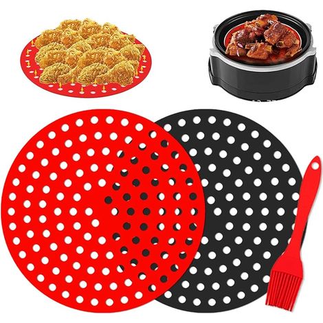 2 Pièces Revêtements Antiadhésifs pour Friteuse à Air, Tapis pour Friteuse à Air Réutilisables, Tapis de Doublure de Friteuse à Air, Coussin de Friteuse à Air en Silicone Réutilisable (Rond)