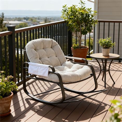 Sillón mecedora - Rocking Chair - Sillón de jardín - con respaldo y cojín de lino - ratán marrón - 130 x 94,5 x 87,5 cm - Beige (1/5)