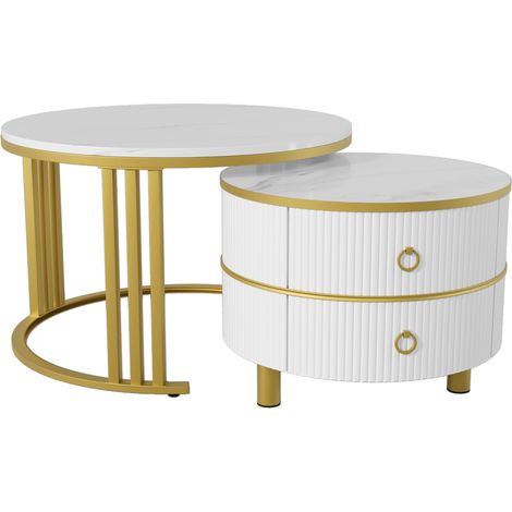 Table basse ronde 2-en-1 en MDF et bois de sapin avec plateau marbre blanc et plateau brillant, 70x70x46 + 50x50x40 cm (1/5)
