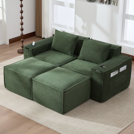 Sofá modular de 2 plazas con 2 otomanas, portavasos, bolsillos laterales: muelles y espuma de alta densidad – estable en forma, empaquetado comprimido, sin montaje. Ideal para salas de estar y apartam (1/5)