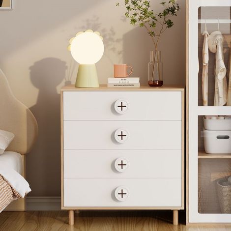 Commode de chambre avec 4 tiroirs, meuble de rangement pour enfants, table de chevet, poignées en forme de biscuit, 80 x 54 x 90 cm - Couleur bois et blanc (1/5)