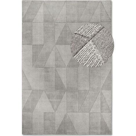Tapis salon 160 x 230 cm, motif géométrique, gris, beige, laine de qualité tissée main, structure relief pour un intérieur chaleureux et authentique