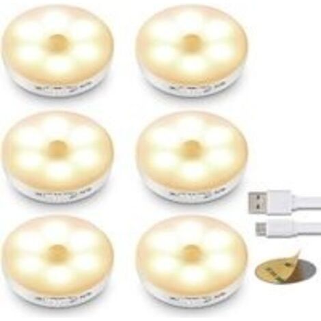 Lot de 6 lampes LED avec détecteur de mouvement, lumières LED à batterie rechargeable, éclairage intérieur avec bande magnétique adhésive pour éclairage armoire, escalier, cuisine, garage, etc [Classe
