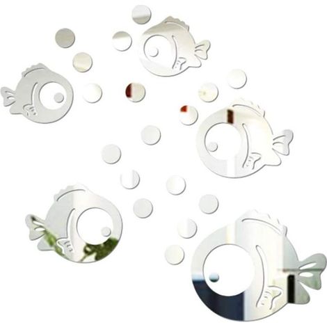 Sticker mural 3D poisson & bulles en acrylique argenté pour décoration murale salle de bain, salon ou chambre – autocollant miroir décoratif (1/5)