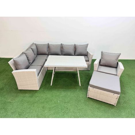 Fimous Garden Outdoor Rattan Furniture Set Rattan Corner Sofa Oblong Dining Table with Armchair Big Footstool Light Grey Mixed 8 Seater (1/5)