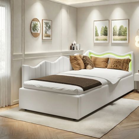 Canapé-lit 90 x 200 avec rangement - Lit simple coffre 90 x 200 - Lit capitonné avec LED Beige velours - Salon Chambre - Pour adultes adolescents (1/5)
