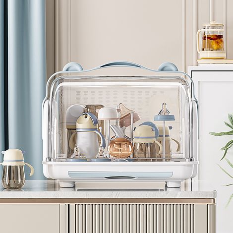 Aufbewahrungsbox für Babyflaschen, Babygeschirr, Schüsseln, Essstäbchen, Ablage für Baby-Fütterungsutensilien, staubdichte Aufbewahrungsbox mit Abtropffläche, blau (1/5)