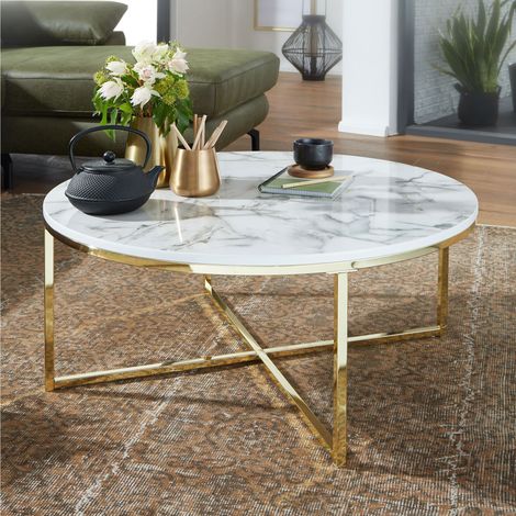 Table basse ronde 80x80x36 cm aspect marbre blanc et acier doré (1/4)