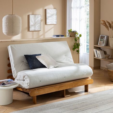 Ensemble banquette et matelas futon 140x200 cm mémoire de forme ferme velours côtelé Écru Terre de Nuit (1/5)