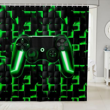 Jeu Rideau Douche 180x200cm Rideau de Bain pour Garçons 3D Jeu Géométrique Rideau de Douche pour Enfants Filles Hommes Néon Couleur Plaid Console de Jeu Rideau de Baignoire Noir Vert - 180L X 200H cm (1/5)