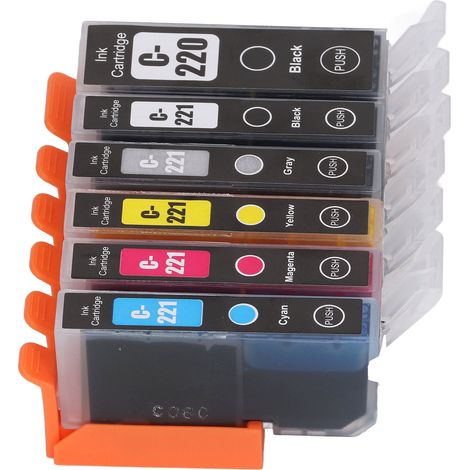 Cartouches d'encre 220-221 avec remplissage, compatibles PIXMA IP3600/IP4600/IP4700/MX860/MX870/MP550 (usage Amériques Nord/Centrale/Sud), pack de 6 couleurs (BK/BK/C/M/Y/GY). (1/5)