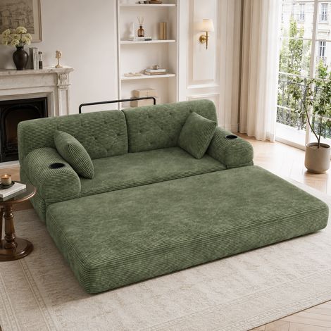 Sofá cama de 2 plazas (168x80x81 cm), convertible en cama, respaldo alto, con 4 bolsillos y 2 portavasos, pana verde (1/5)