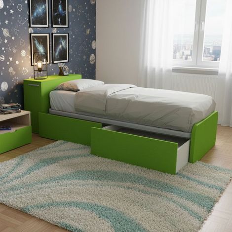 Letto singolo salvaspazio con cassetti e testata contenitiva - Verde mela (1/5)