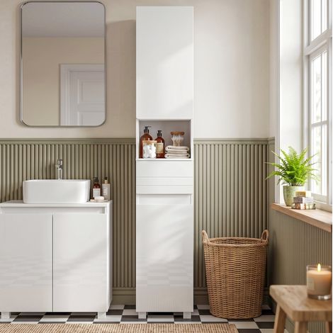 Meuble de salle de bains étroit avec étagères réglables, 30 x 30 x 170 cm, blanc (1/5)