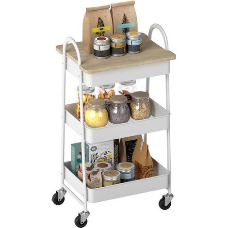 Kitchen trolley, 3-tier serving cart, top shelf, baskets, handles, 45 x 32 x 77.5 cm oak (1/5)