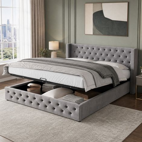 CHICFURN Cama con canapé 140x190 cm gris de terciopelo, almacenamiento hidráulico, sin colchón (1/5)