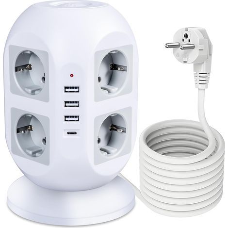 Multiprise avec Protection Contre Les surtensions 3000 W 13 A, multiprise avec 8 Prises, 3 USB et 1 USB C, Prise Multiple avec Rallonge Electrique 2M, Prise de Distribution Socket Tower (1/5)
