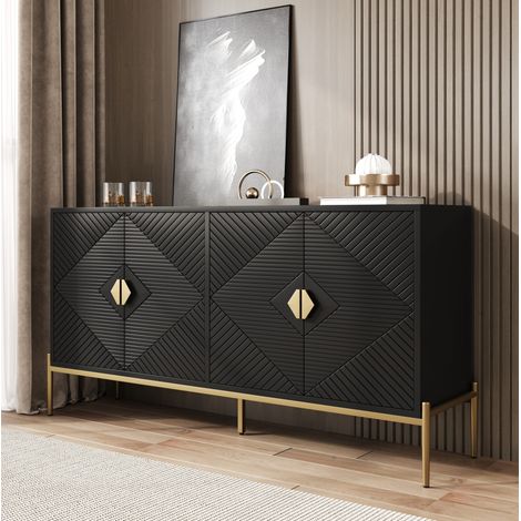 MEUBLIV Buffet de rangement 162 x 40 x 80 cm noir – 4 portes, pieds métalliques dorés (1/5)