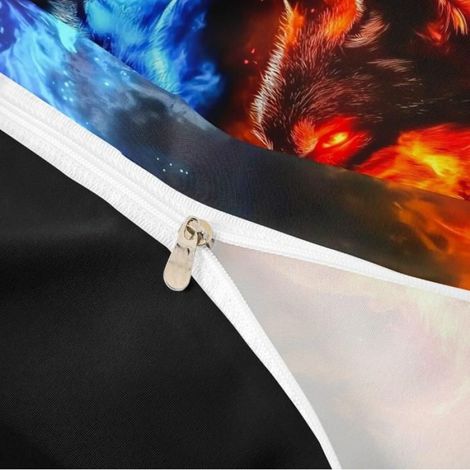 Housse de Couette Enfant 140x200 Loup, Parure de Lit Imprimé Flammes Rouge et Bleu, Sets de Housses de Couettes Imprimé Animal - 5SD (1/5)