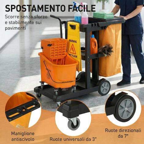 Chariot de ménage avec roues, 3 plateaux, sac 70L et seau à essoreuse (1/5)