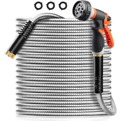 Tuyau Jardin Acier Inoxydable 304 US Standard 15m (50ft), Pistolet Haute Pression 8 Modes, Kit Tuyau Robuste et Flexible (1/4)