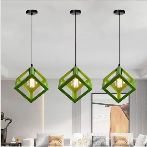 3PCS Lustre Suspension Industrielle en Carré Salon E27 Lampe Luminaire Vintage en Fer Forge pour Chambre Cuisine (1/4)