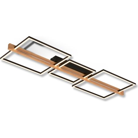 Plafonnier à LED avec décor bois, intensité lumineuse réglable par paliers, couleur blanc chaud, lampe à LED, salon, lampe de chambre à coucher, cuisine, 108x35x8 cm (LxlxH), noir-bois (1/5)