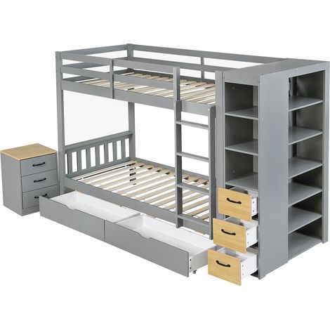 Letto a castello grigio 90x200 cm in legno con cassetti e vano portaoggetti (1/5)