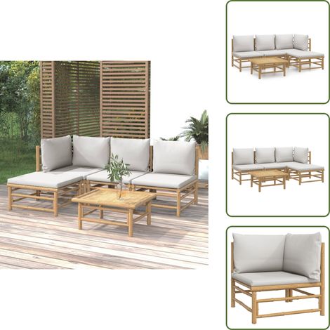 Cojines para sofás - vidaXL Set de muebles de jardín 5 piezas bambú y cojines gris claro - Muebles de bambú